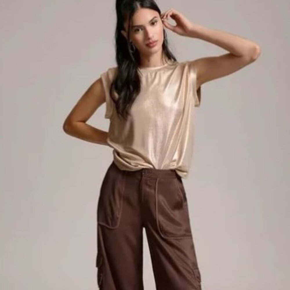 Anthropologie Porridge Gold Shine Muscle Sleeveless Tee Size Large